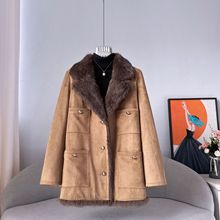 2025兔毛皮毛一体女中长款鹅绒袖口袋工装皮草轻奢时尚羊皮绒外套