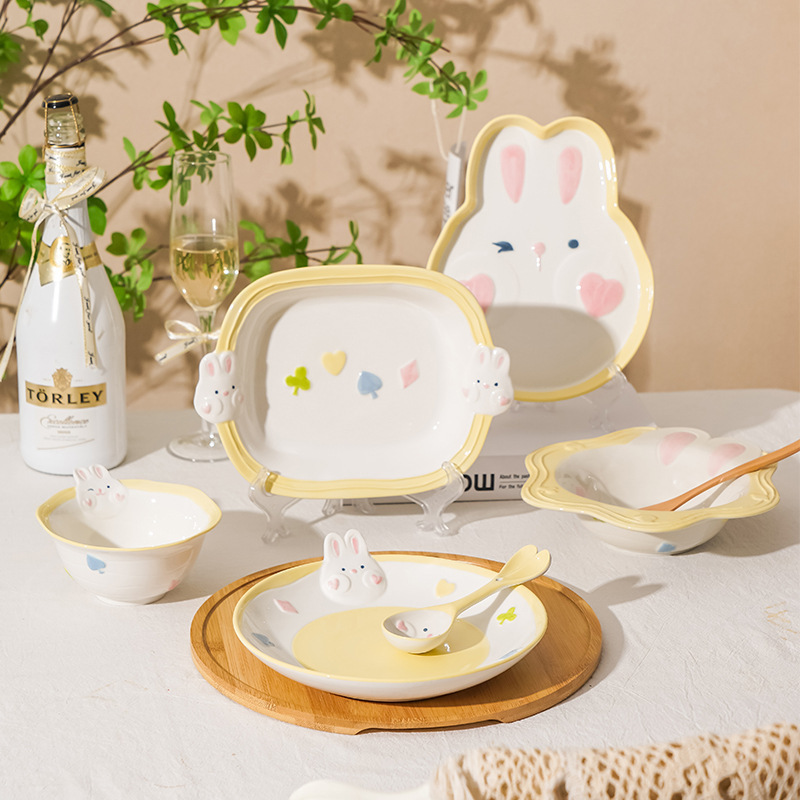 Cream Style Ceramic Dishes Set Household Cute Rabbit Unicorn Plate Salad Bowl Soup Bowl Underglaze Color Tableware