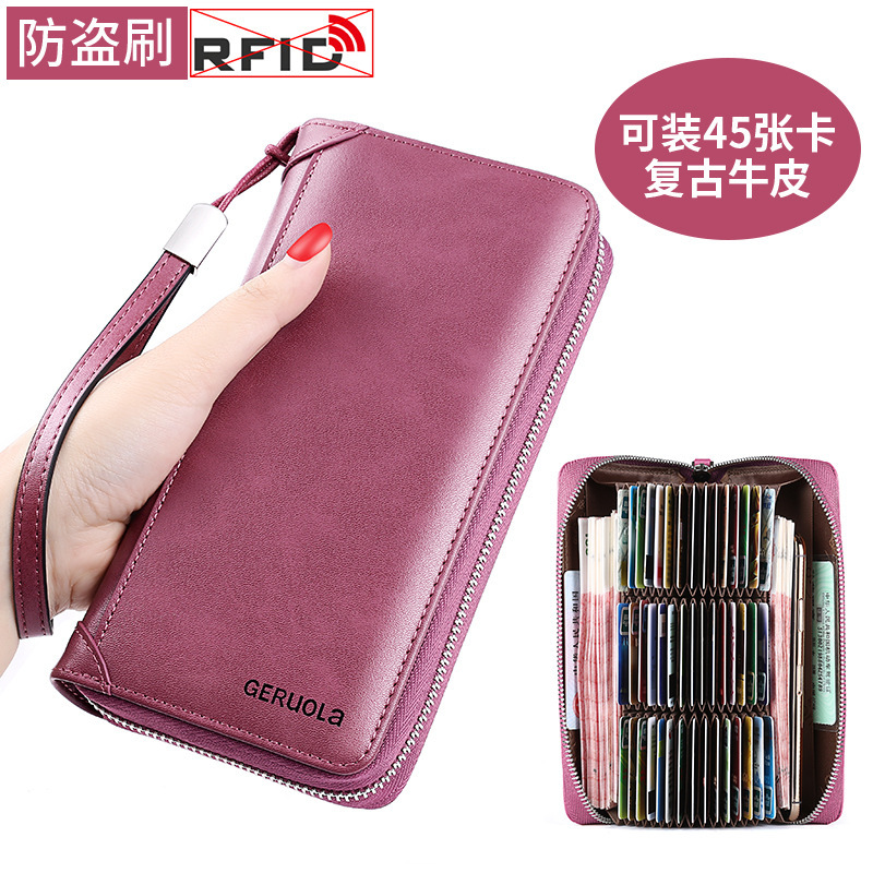 Geruola Leather Factory Tarjetas Bolso de almacenamiento de tarjetas bancarias de cuero de gran capacidad de 45 posiciones para mujer Bolso de almacenamiento con cremallera para el hogar