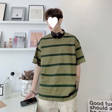 夏季港风条纹短袖T恤男宽松学生韩版潮流时尚半袖体恤衫上衣