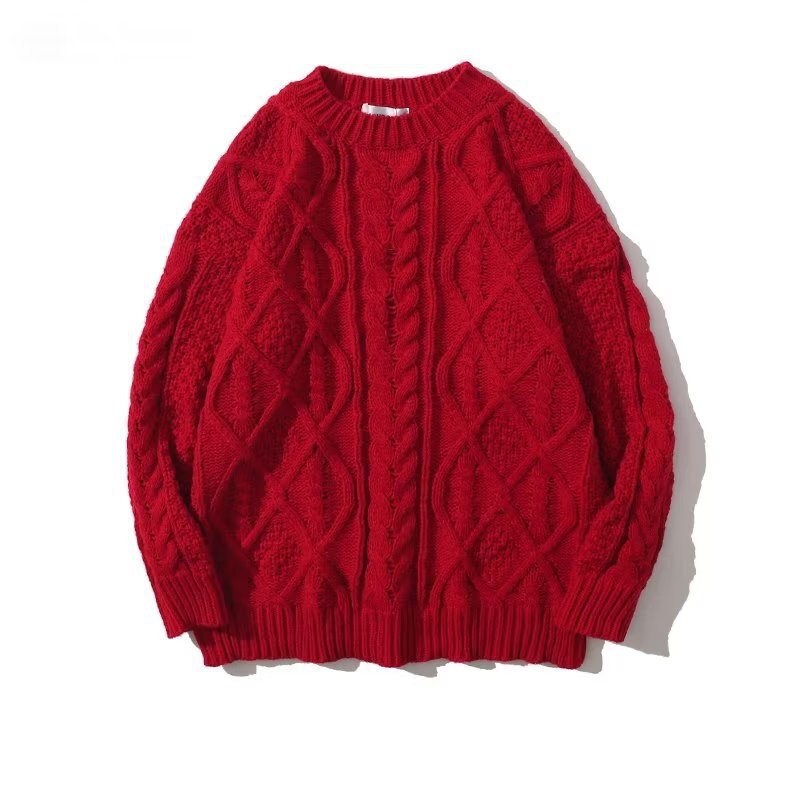 New Year red sweater men's trendy lazy coarse twist sweater coat Christmas couple solid color sweater men