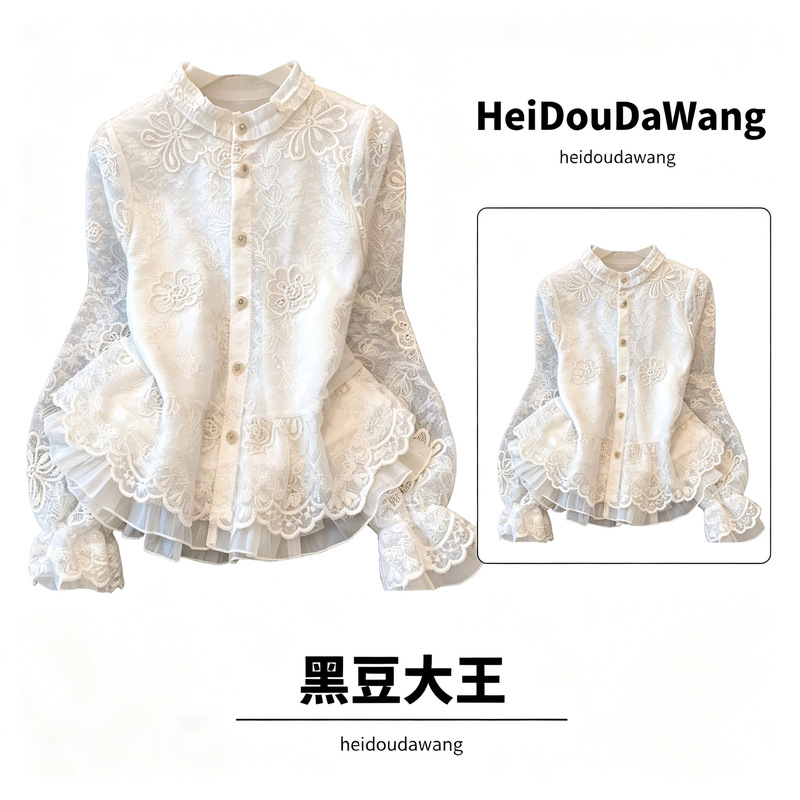 French court-style lace embroidered blouse for women, super stylish for spring, with lace trim, high-end feel, elegant and age-reducing top