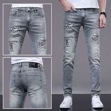 香港高端男士牛仔裤刺绣修身小脚2024新款弹力百搭潮牌休闲男裤子