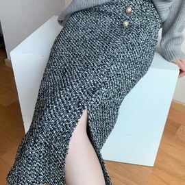 粗花毛呢小香风半身裙2025冬季新款气质高腰显瘦大码a字包臀裙