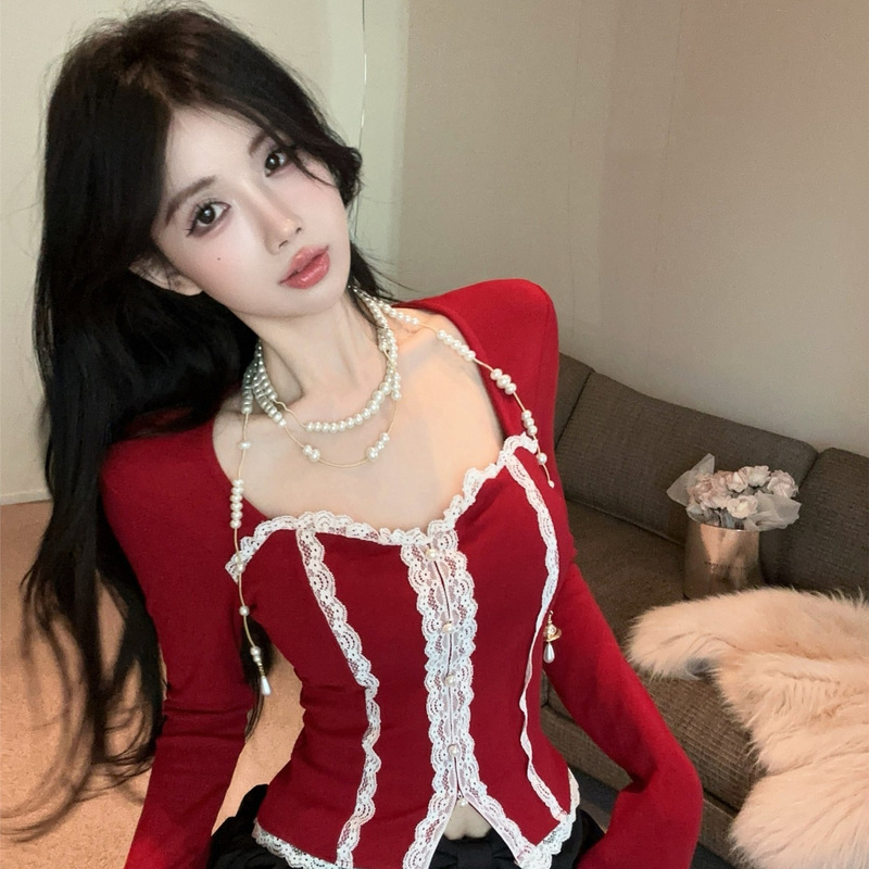 Pure Desire Hot Girl Style Square Neck Long Sleeve Top Women's Autumn and Winter New Style Small Fragrance Lace Design Bottoming Shirt with Christmas Inside