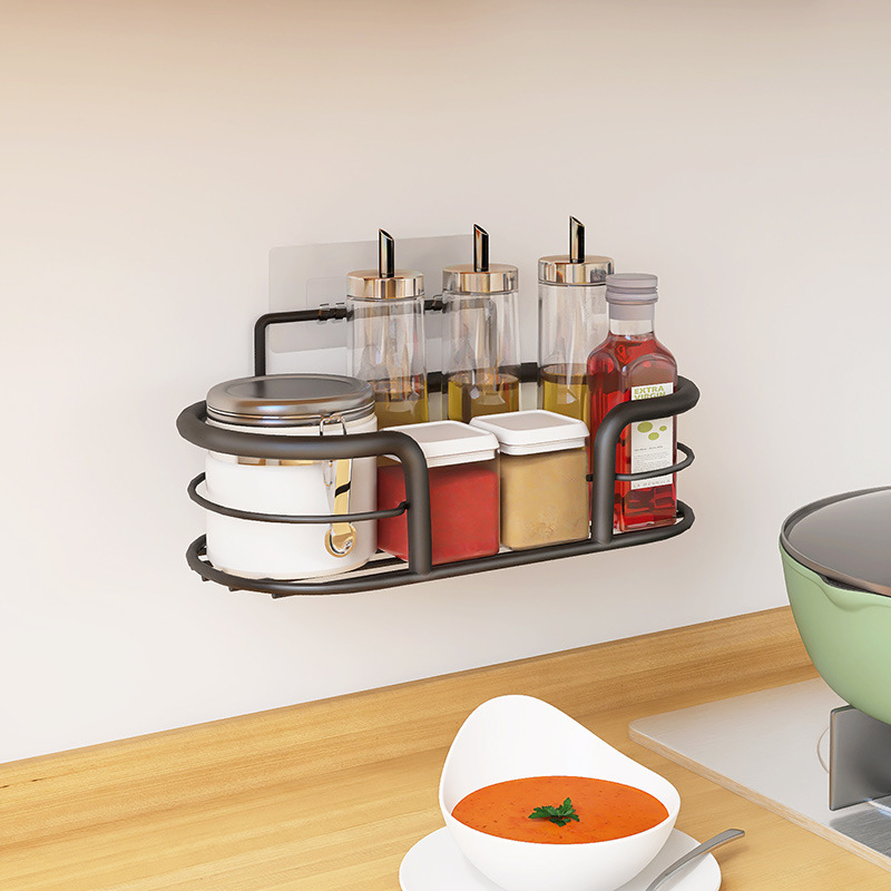 Kitchen Organizer Hanging Basket Metal Wall-Mounted Toiletry Storage Traceless Wall-Mounted Spice Storage Rack Without Punching Holes for Wall Hanging