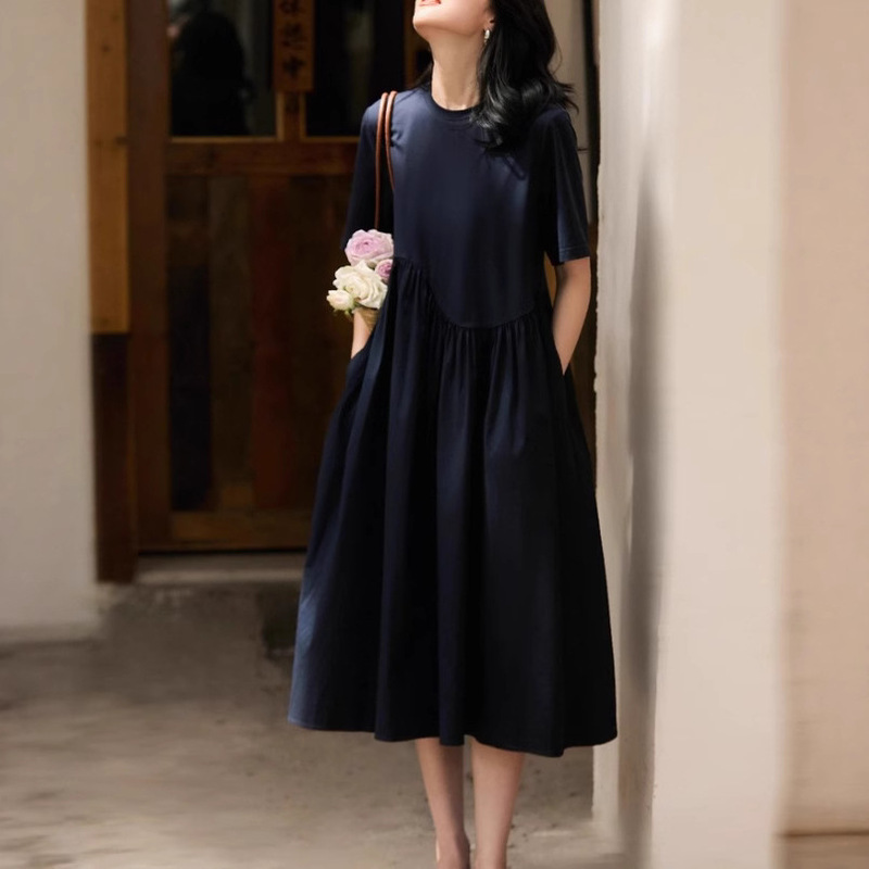 Lightweight Choice Casual Elegant Structure Gathered Splicing Design Short-Sleeved Dress Simple Slimming Look Mid-Length Skirt