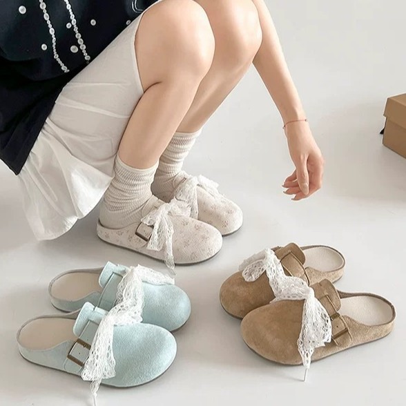 Zapatillas de tabla de onda lejana para mujer 2025 nuevos zapatos Birkenstock de encaje de verano para mujer media pantuflas sandalias de todo fósforo para el cabello