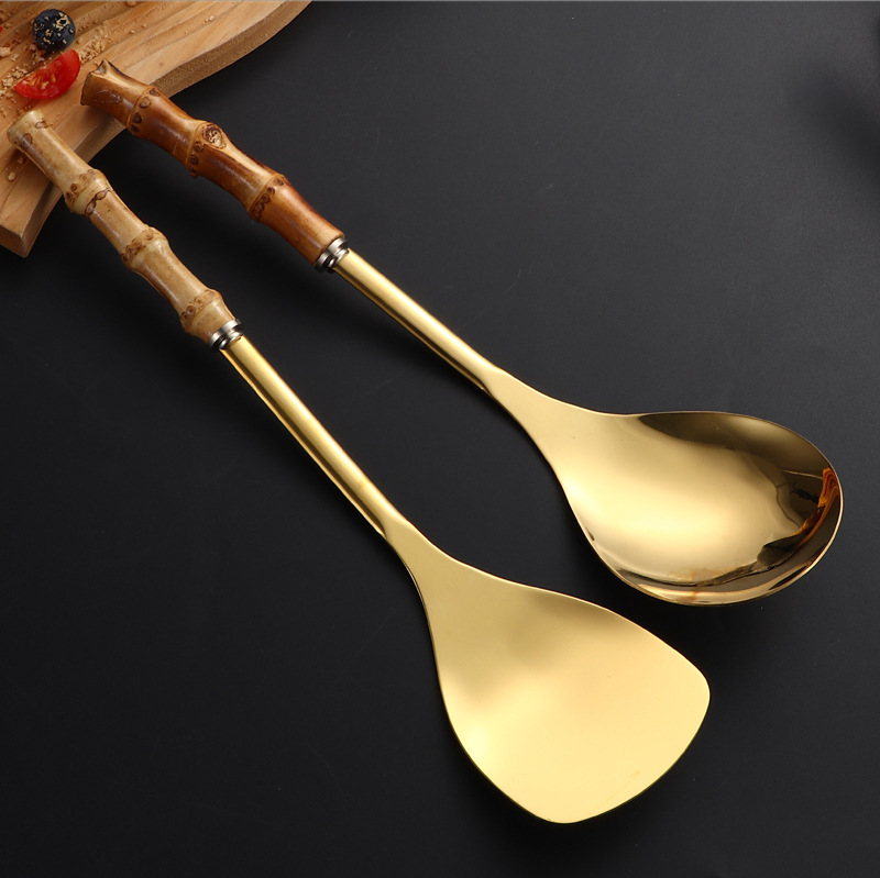 Espátula de cocina de acero inoxidable con mango de bambú_voghion.com