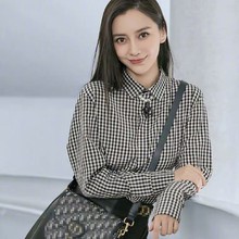 杨颖吴谨言明星同款经典黑白小格子上衣春秋装长袖气质衬衫黑色女