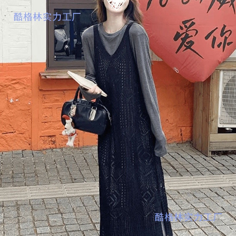 早秋氛围感穿搭叠穿镂空罩衫连衣裙套装女韩系慵懒宽松长裙两件套