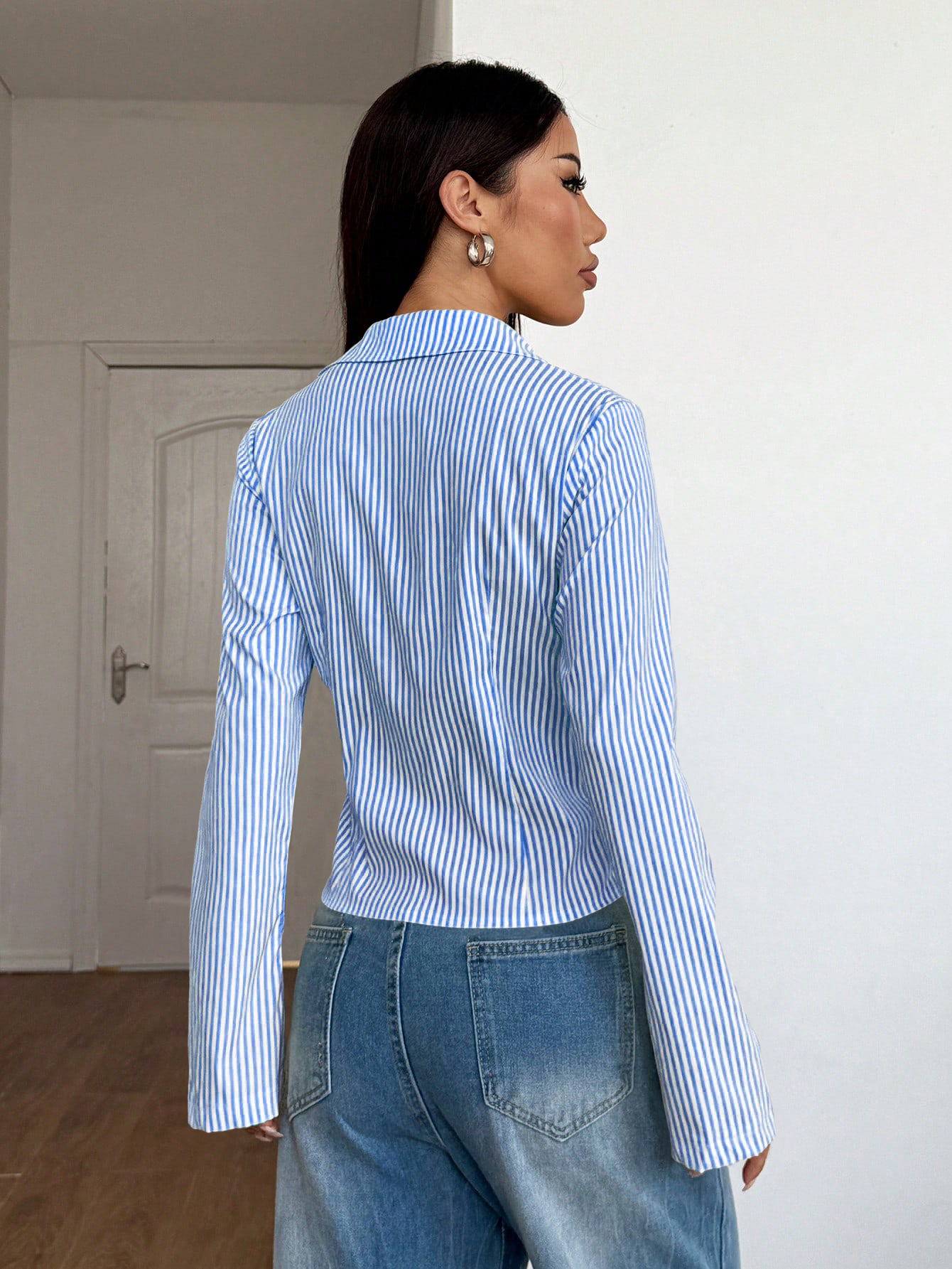 Stripe Pattern Wholesale Women's Spandex Polyester Casual Stripe Long Sleeve Blouses