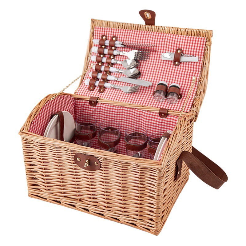 En stock ratán cesta acampar al aire libre caja de almacenamiento picnic cena con tapa vajilla portátil sauce picnic cesta