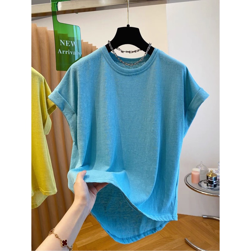 [Plus Size] 2026 Summer Women's Loose Fit T-Shirt with Small Flutter Sleeves, Casual Thin Round Neck Top with a Relaxed Feel