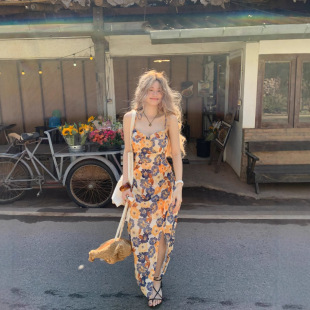 Loose-Fit French Print Suspender Dress Sanya Seaside Vacation Beach Dress Photo Super Fairy Suspender Floral Long Dress