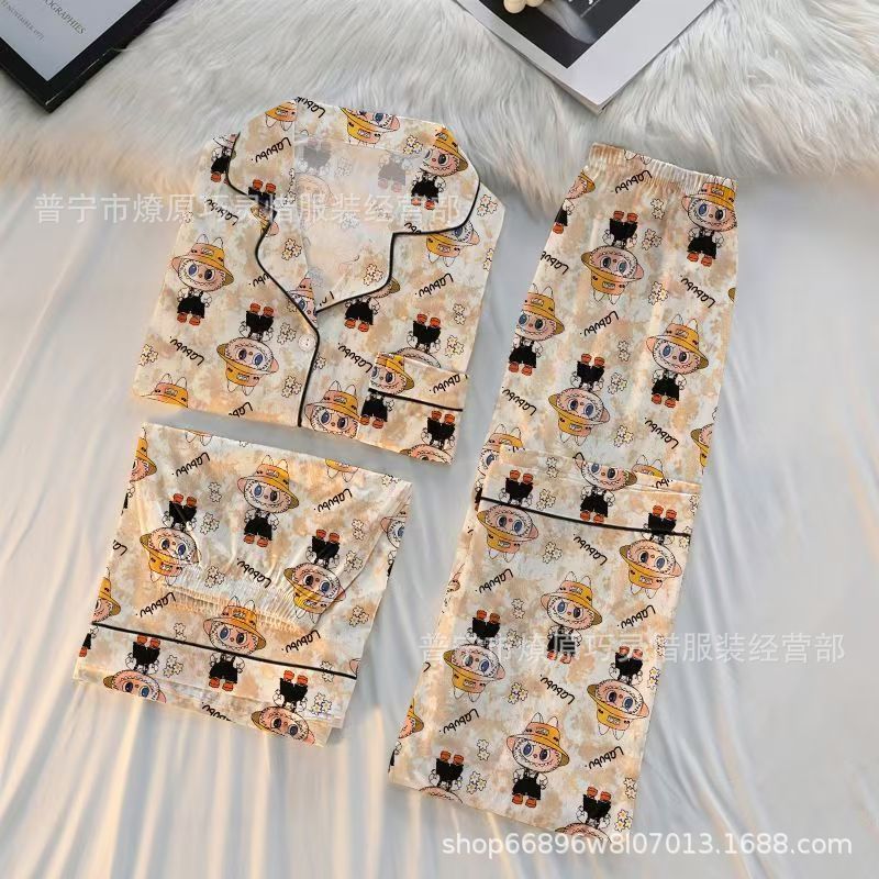 Hermosos pijamas de tela de rabu mujeres primavera y otoño verano nubes de algodón dulce mangas cortas pantalones cortos de tres piezas ropa para el hogar