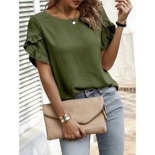 H 66953 Solid crew neck lace short women's T-shirt ��ɫԲ��