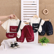 韩版童装男童夏装套装宝宝洋气大嘴包包短袖儿童百搭套装一件代发