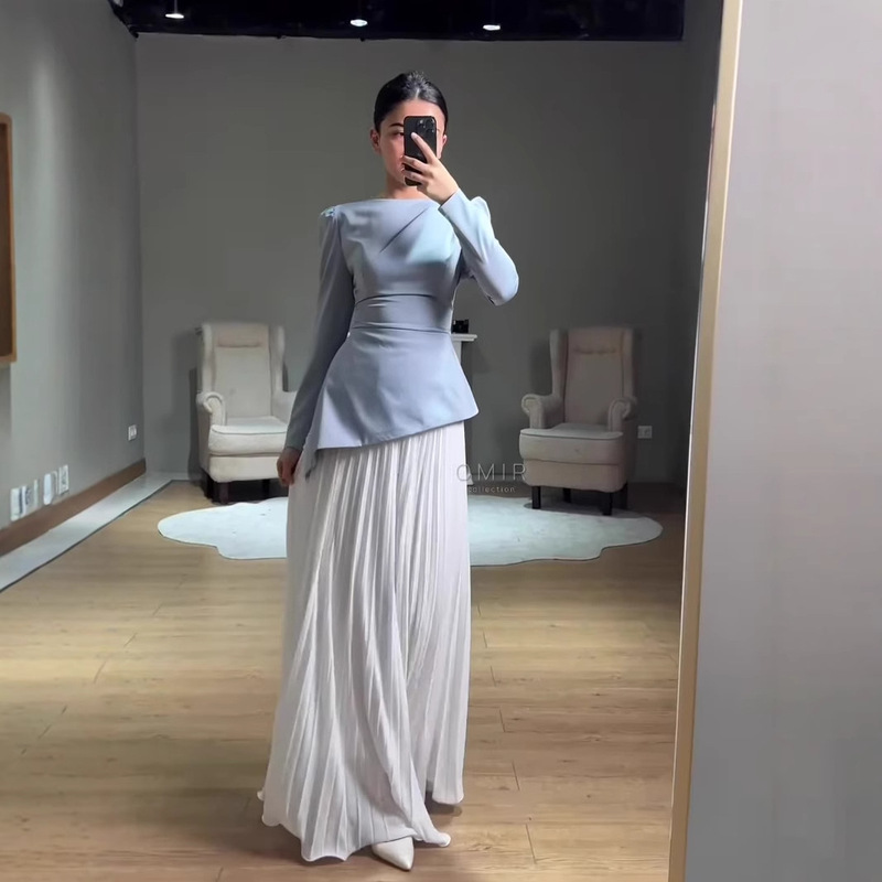 European and American Amazon Cross-Border 2025 Summer New Light Dress Long-Sleeved Waist-Cinching Top Long Skirt Elegant Dress for Women