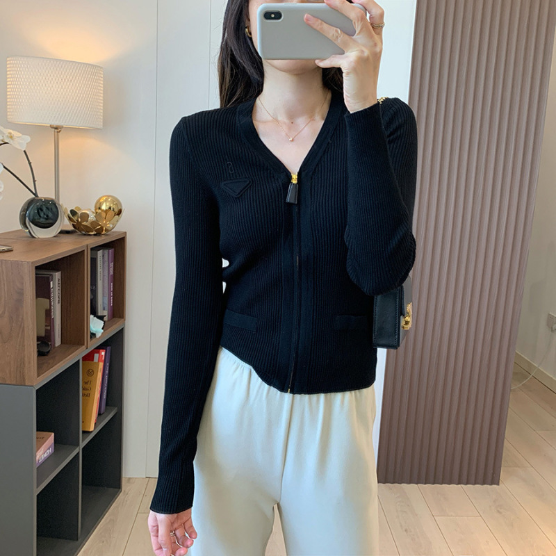 Shanghai Dan Nong Flagship Store/Extra-Fine Merino Wool Triangle Logo V-Neck Zipper Long-Sleeve Knit Cardigan Top
