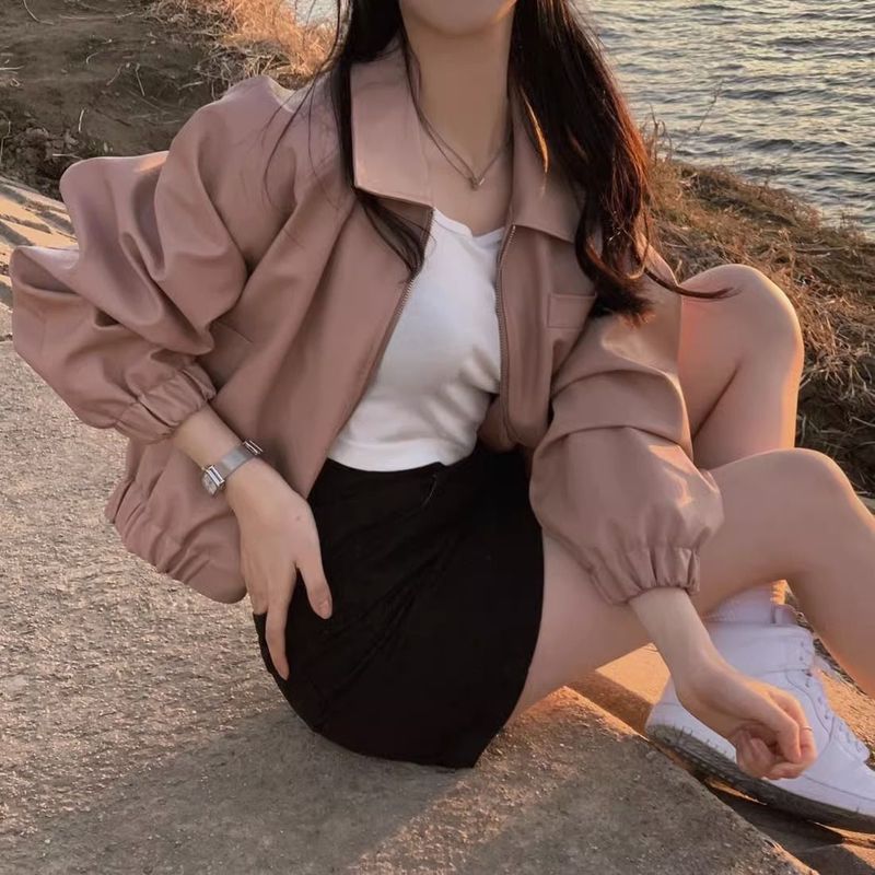 短款皮衣外套女春秋2025新款韩版宽松小众休闲百搭翻领长袖上衣女|undefined