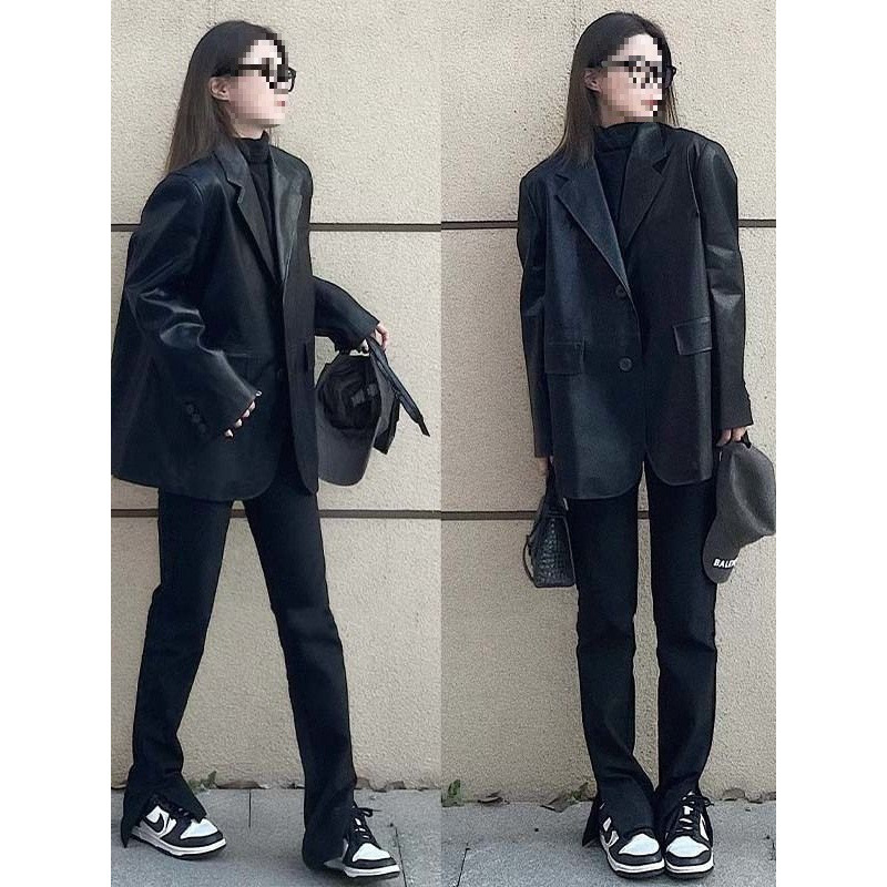 Black Leather Suit Jacket for Women, New Spring Style, Biker Style, Petite, Stylish, Trendy