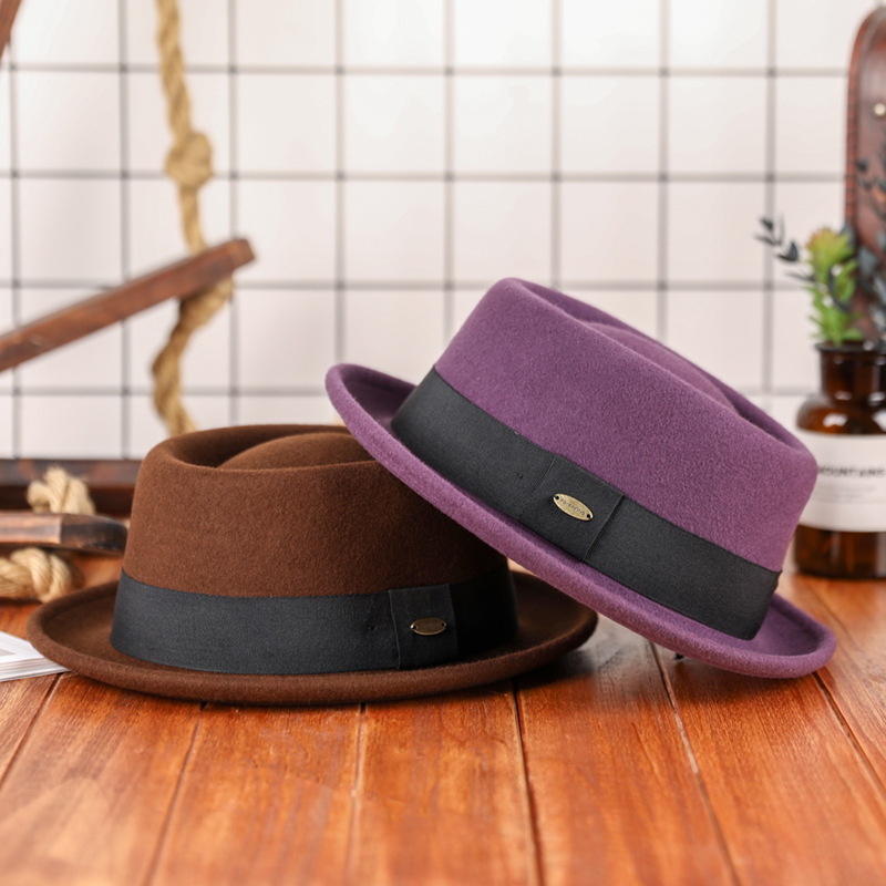 Otoño e invierno nuevo sombrero de lana pura cóncavo-convexo superior moda cálida cinta retro estilo británico gentleman sombrero de fieltro francés