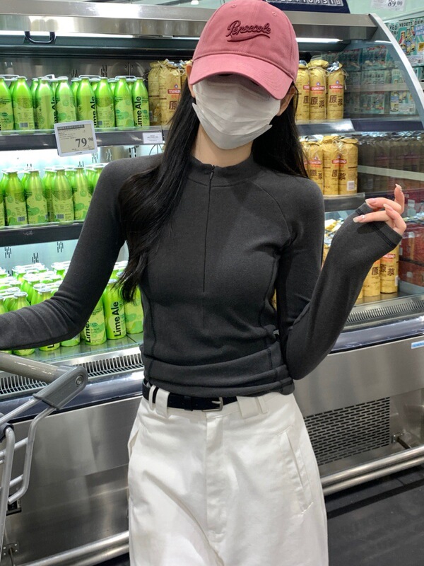 加厚加绒紧身拉链打底衫女2025新款秋冬长袖立领短款内搭T恤上衣|undefined