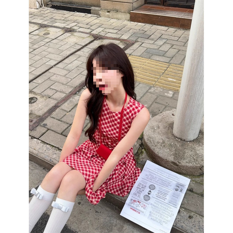 i甜辣妹风格纹无袖背心连衣裙女夏季新款法式复古百褶A字裙短裙子|undefined