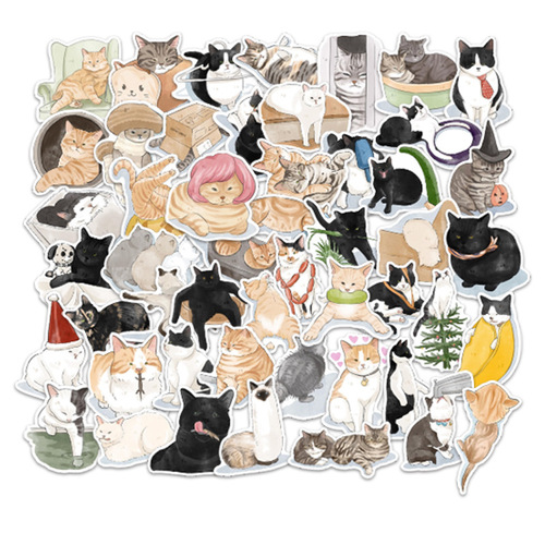 50 cartoon hand-drawn cute cat stickers for notebooks, water-resistant luggage, stationery, guitars, and books