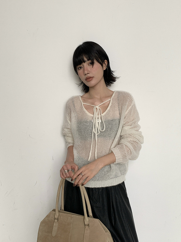 MMC马海毛羊毛针织衫女秋季新款绑带设计感高级长袖宽松镂空毛衣|undefined