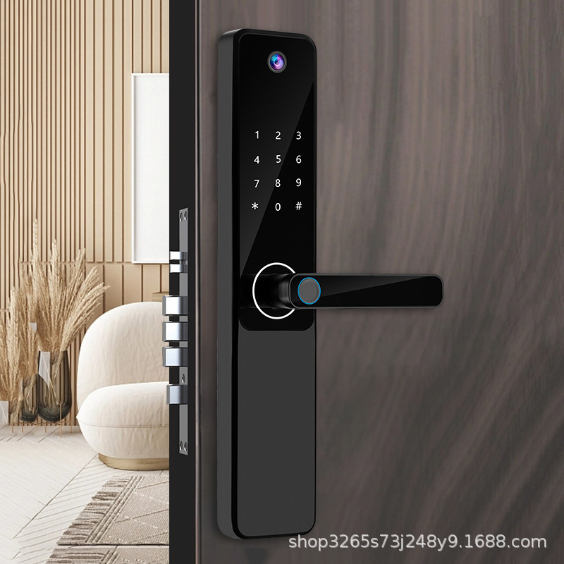 智能家居一握开涂鸦猫眼带指纹密码卡片钥匙开门可视猫眼智能锁