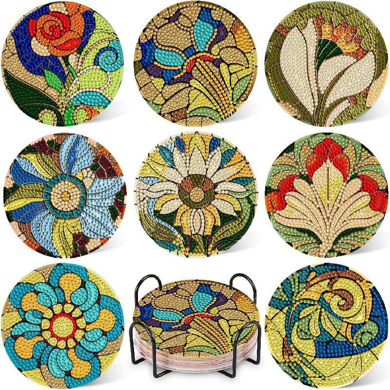Ventas transfronterizas calientes de 8 piezas de conjunto de cojín de taza de arte de diamante, con soporte, pequeño conjunto de pintura de diamante, adecuado para adultos