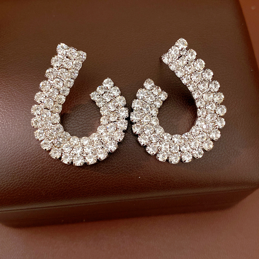 Agujas de plata diamantes geométricas aretes redondos estilo europeo y americano personalidad pendientes de nicho ligero lujo alta sensación de aretes al por mayor