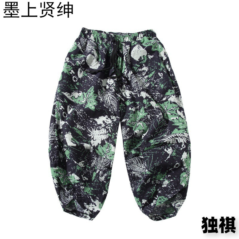 Verano japonés de talla grande para hombres pantalones cortos de lino impresos de estilo étnico estilo chino pantalones de bombachos de pierna ancha sueltos de talla grande