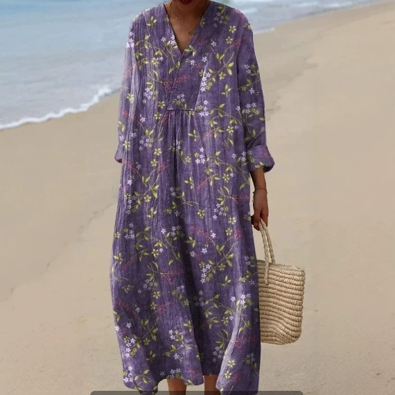 Cross-Border Beach Vacation Dress, Long-Sleeved Floral Dress, Women's Autumn Long Dress, Independent Site Dropshipping