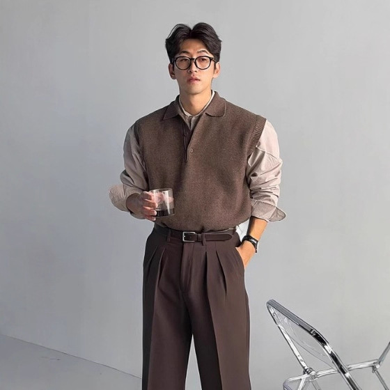 Spring and Autumn Korean Style Retro Light Mature Style Sweater Polo Collar Sweater Vest Men's Light Luxury Business Casual Knitted Vest