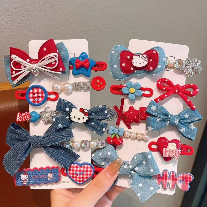 Children's Bow-Shaped Duckbill Clip for Girls and Babies, Flower Denim Color Cartoon Character Duckbill Clip Combination Pack