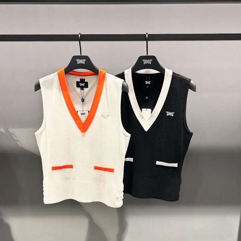 Korean Original Golf Clothing 2025 Early Spring Women's Golf Logo Color Matching V Neck Knitwear Vest Top