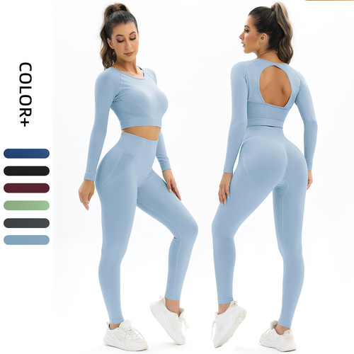 Cross-border seamless knitted backless high-elastic peach hip-raising high-waisted long-sleeved yoga running fitness suit