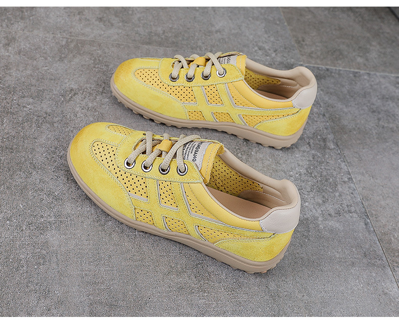 Giày sneaker nữ da bò thật lỗ thoáng khí đế bệt nhẹ phong cách Đức Huấn — màu be chi tiết 12