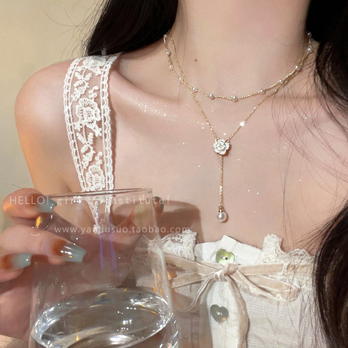 Light luxury niche design double-layer tassel pearl necklace female super fairy temperament camellia clavicle chain necklace wholesale
