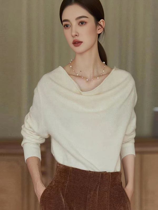 港米服饰/法式荡领小众100羊毛女氛围感打底衫毛衣百搭宽松显瘦|undefined