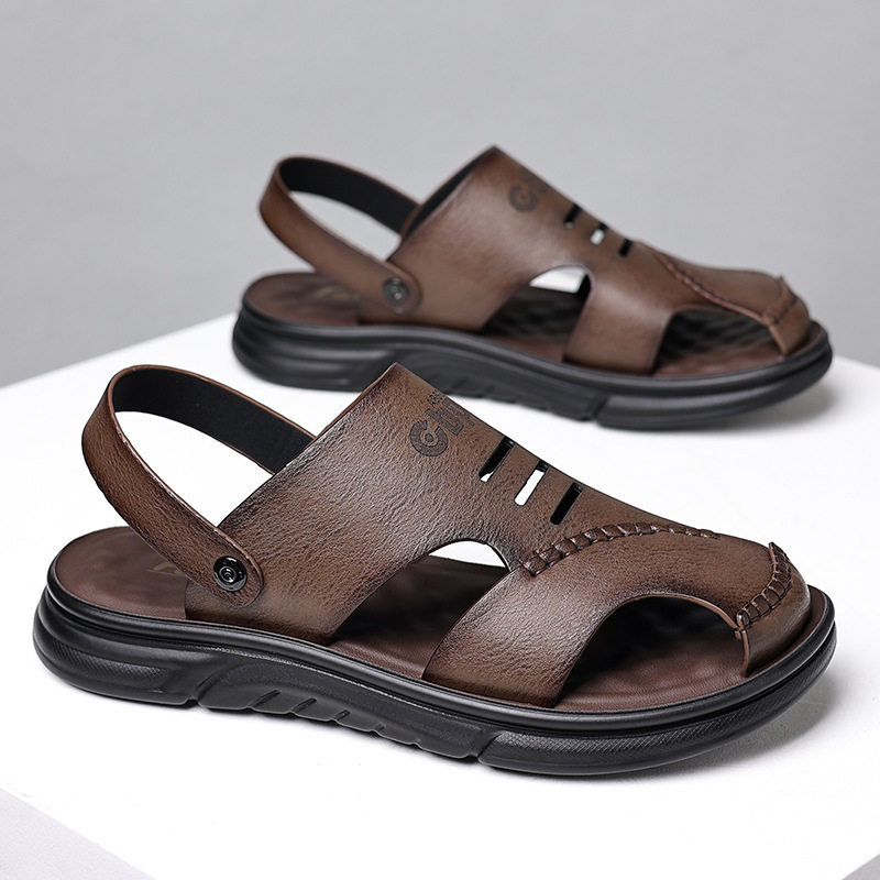 Dép sandal nam da bò thật mũi kín thoáng khí kiểu mới đi biển — Màu nâu 55530