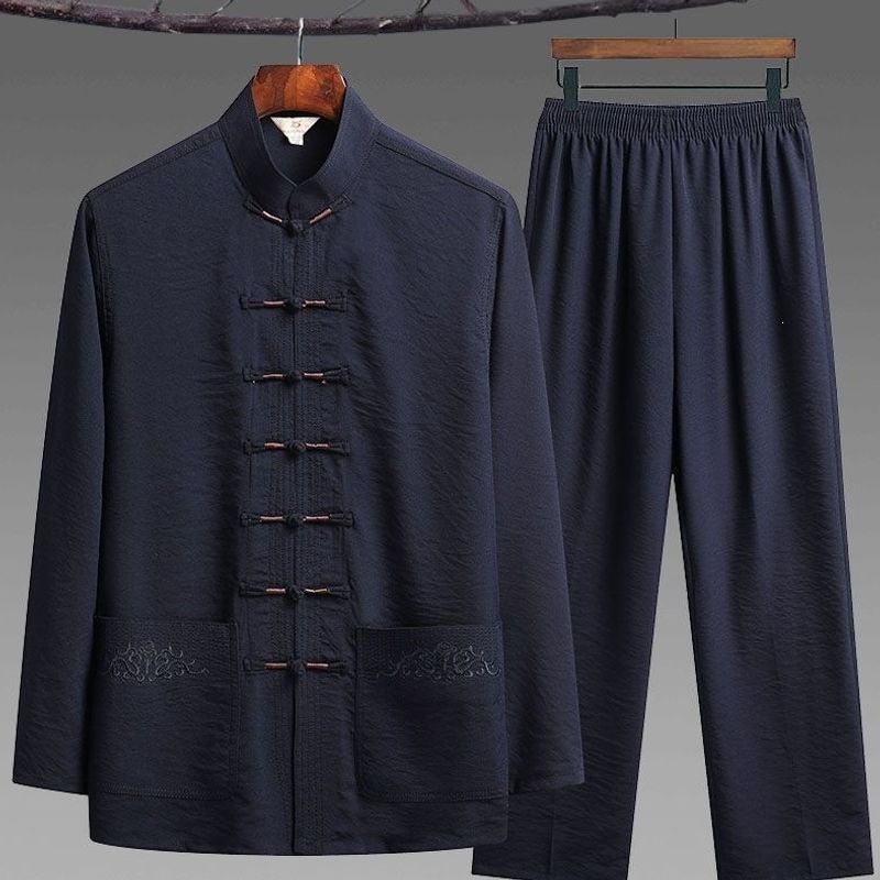 Men's Tang-style long-sleeved ice silk suit for middle-aged and elderly men, spring and summer style Chinese Tai Chi uniform, Hanfu, and grandfather's clothing.