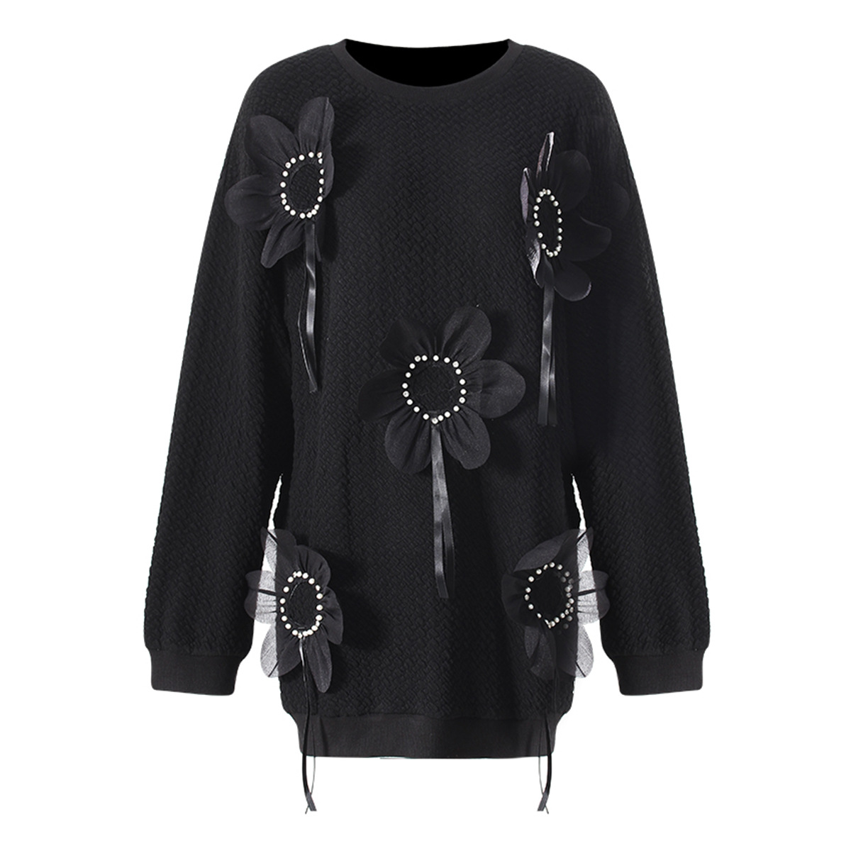 Mid Length Autumn Winter Solid Color Three Dimensional Floral Beaded Loose Outer Wear Sweatshirt