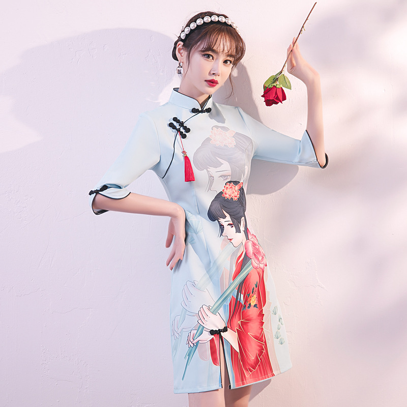 China Qipao Young Women Summer Chinese Style Short A-Line Cheongsam Dress