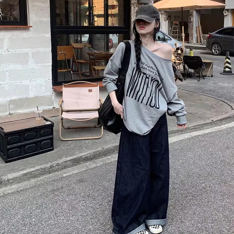 美式复古灰色一字领露肩长袖t恤女秋季2025新款oversize辣妹上衣|undefined