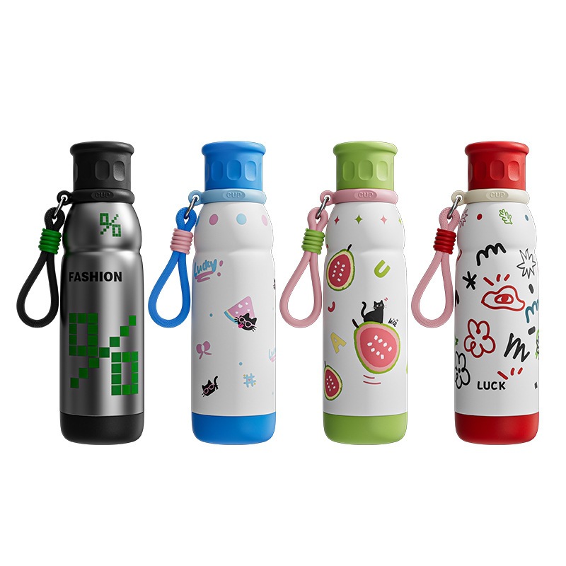 Caricatura encantadora taza de acero inoxidable una tapa doble taza de beber taza de mano deportiva al aire libre de gran capacidad para niños estudiantes taza de agua