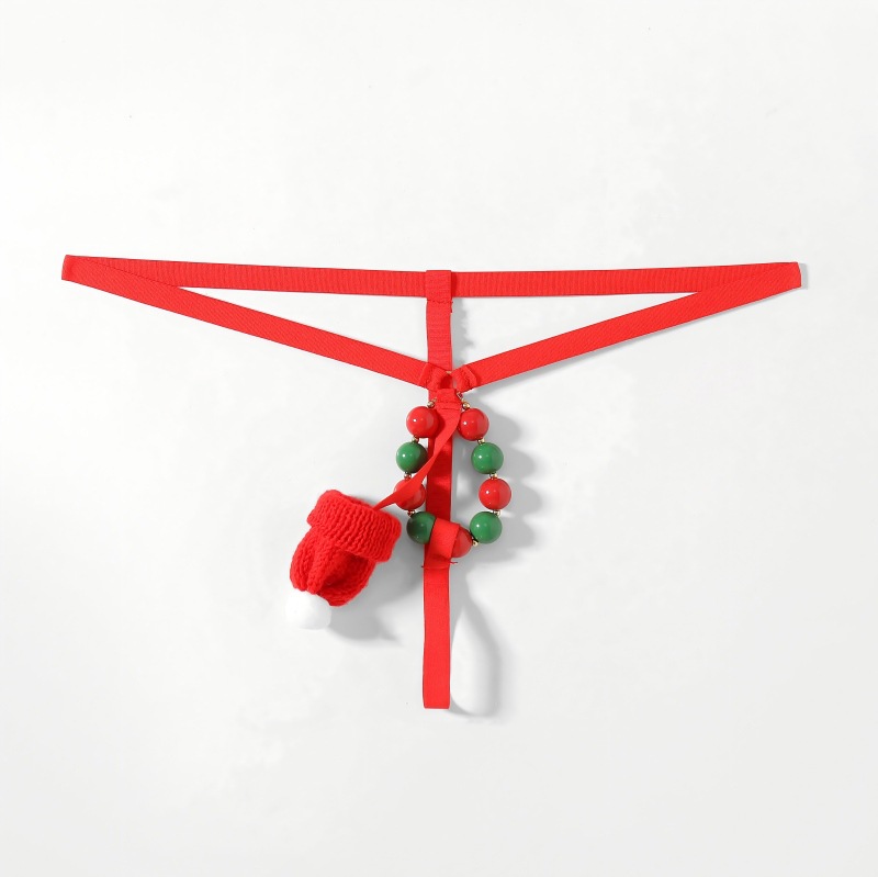 Men's Sexy Intimates, Sexy Woolen Hat, Colorfulful Pearl Underwear, Christmas Style Temptation, No Need to Take Off Triangle Thong